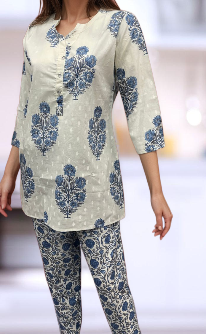 White/Blue Garden Co-ord Set . Versatile Cotton Fabric. | Laces and Frills - Laces and Frills