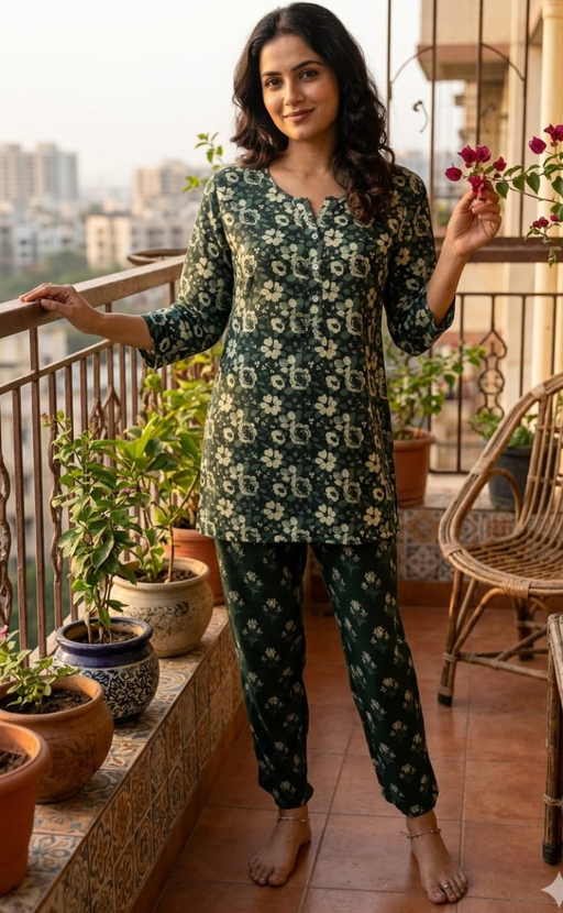 Green Flora Kurti Co-ord Set . Versatile Cotton Fabric. | Laces and Frills - Laces and Frills