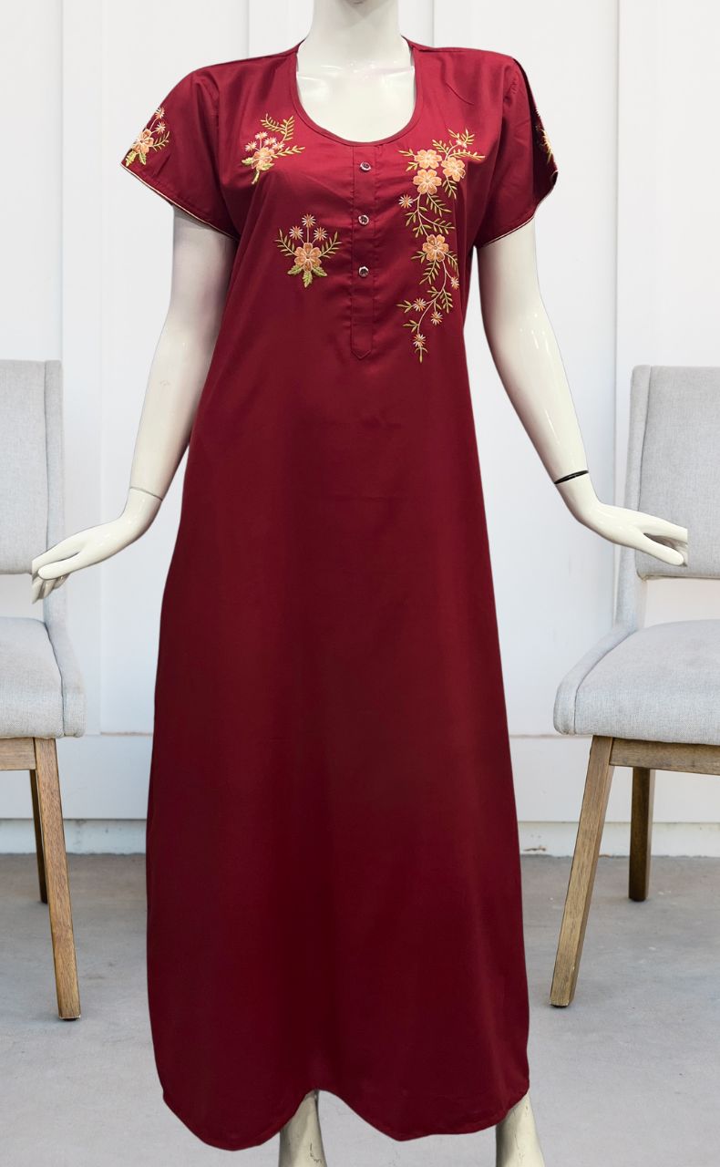 Red Floral Embroidery Soft Cotton Nighty.Soft Breathable Fabric | Laces and Frills - Laces and Frills