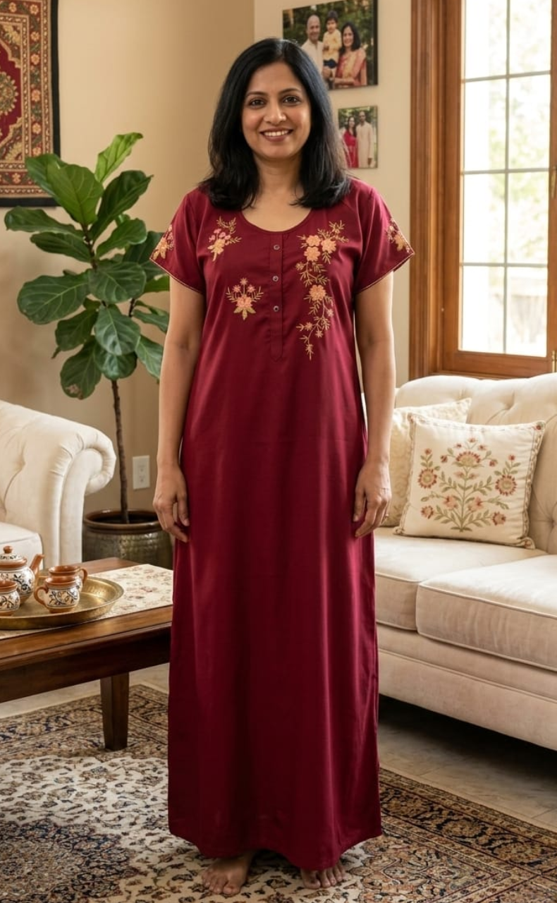 Red Floral Soft Cotton Nighty.Soft Breathable Fabric | Laces and Frills