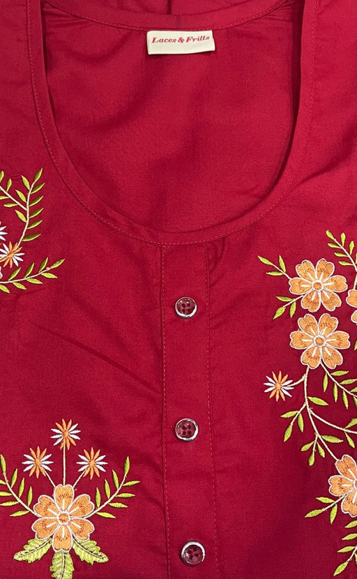 Red Floral Embroidery Soft Cotton Nighty.Soft Breathable Fabric | Laces and Frills - Laces and Frills