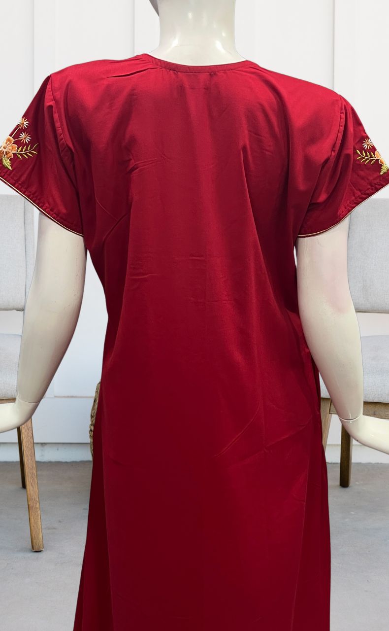 Red Floral Embroidery Soft Cotton Nighty.Soft Breathable Fabric | Laces and Frills - Laces and Frills