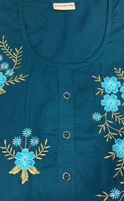 Blue Floral Embroidery Soft Cotton Nighty.Soft Breathable Fabric | Laces and Frills - Laces and Frills