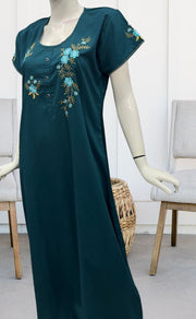 Blue Floral Embroidery Soft Cotton Nighty.Soft Breathable Fabric | Laces and Frills - Laces and Frills