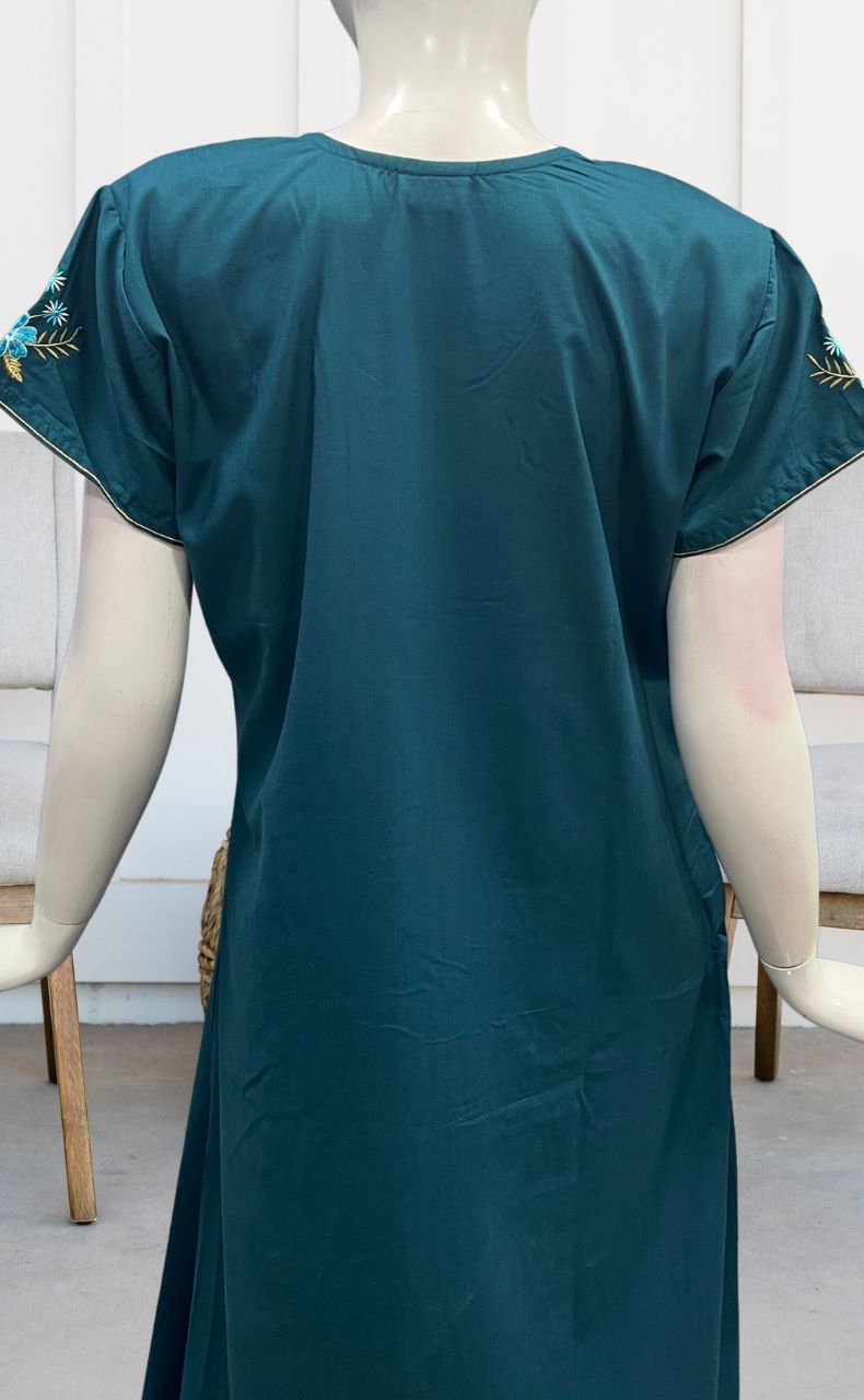 Blue Floral Embroidery Soft Cotton Nighty.Soft Breathable Fabric | Laces and Frills - Laces and Frills