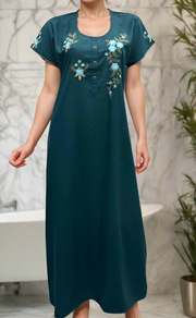 Blue Floral Embroidery Soft Cotton Nighty.Soft Breathable Fabric | Laces and Frills - Laces and Frills