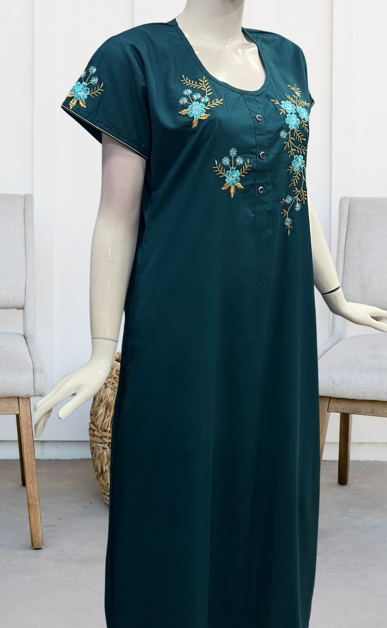 Blue Floral Embroidery Soft Cotton Nighty.Soft Breathable Fabric | Laces and Frills - Laces and Frills