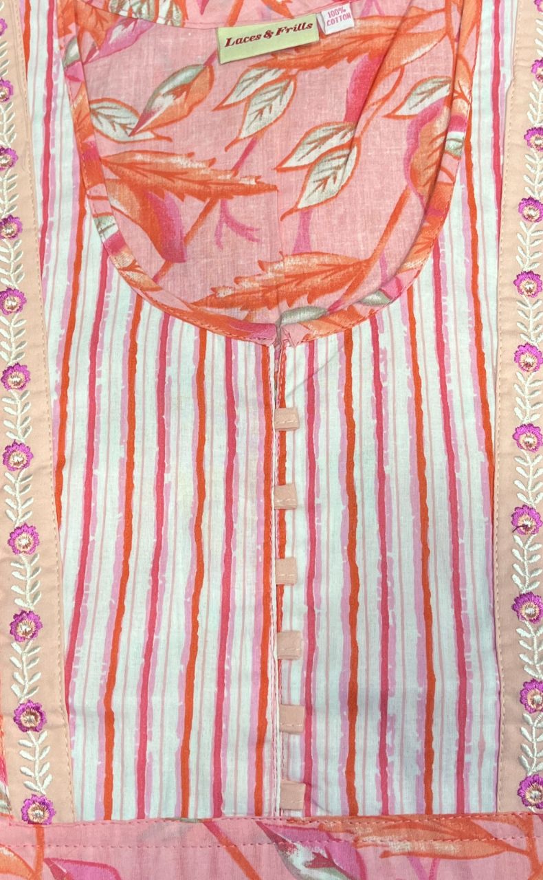 Peach/Pink Floral Garden Pure Cotton Nighty. Pure Durable Cotton | Laces and Frills - Laces and Frills