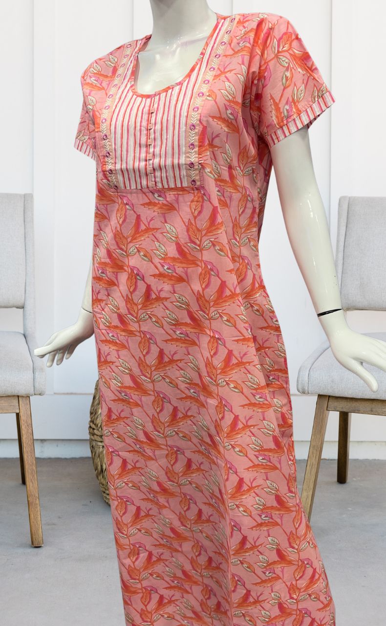 Peach/Pink Floral Garden Pure Cotton Nighty. Pure Durable Cotton | Laces and Frills - Laces and Frills