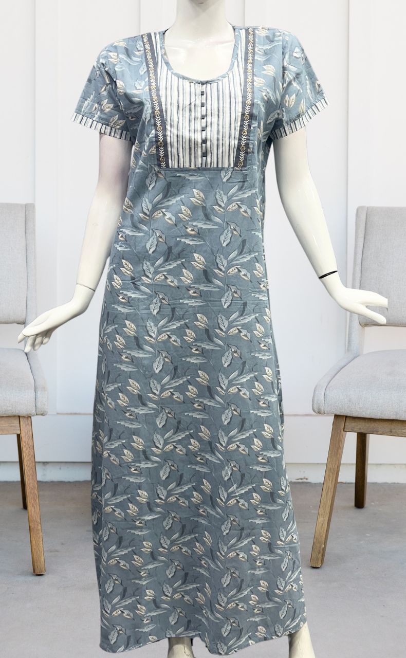 Grey/Beige Floral Garden Pure Cotton Nighty. Pure Durable Cotton | Laces and Frills - Laces and Frills