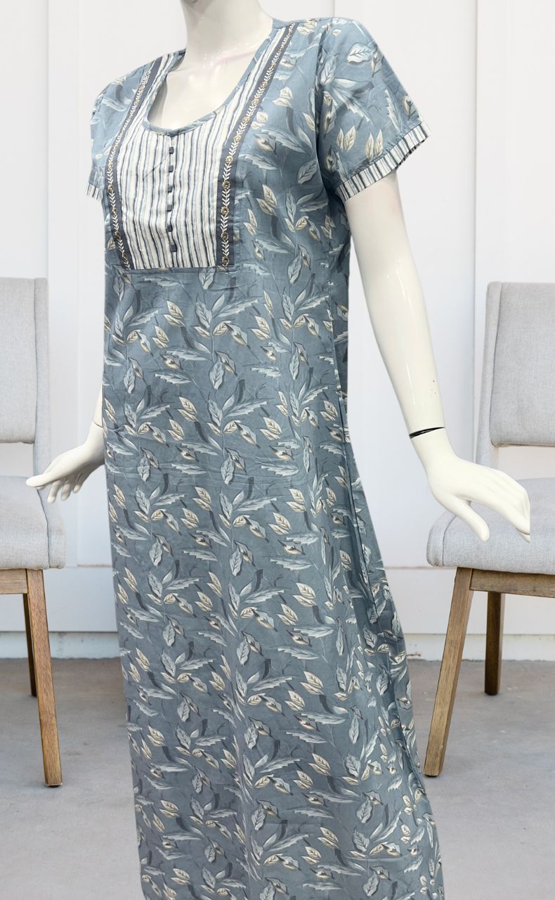 Grey/Beige Floral Garden Pure Cotton Nighty. Pure Durable Cotton | Laces and Frills - Laces and Frills