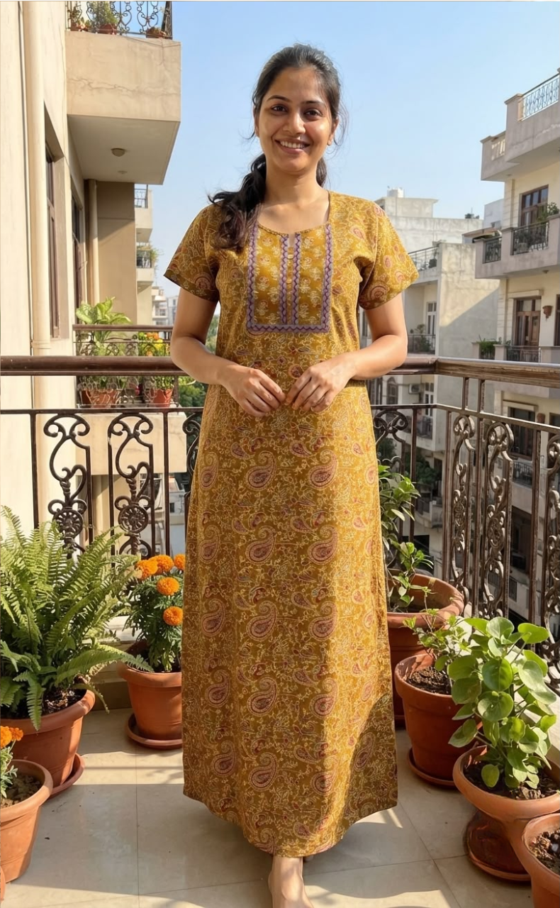 Mustard Kalamkari Pure Cotton Nighty. Pure Durable Cotton | Laces and Frills
