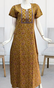 Mustard Kalamkari Pure Cotton Nighty. Pure Durable Cotton | Laces and Frills - Laces and Frills