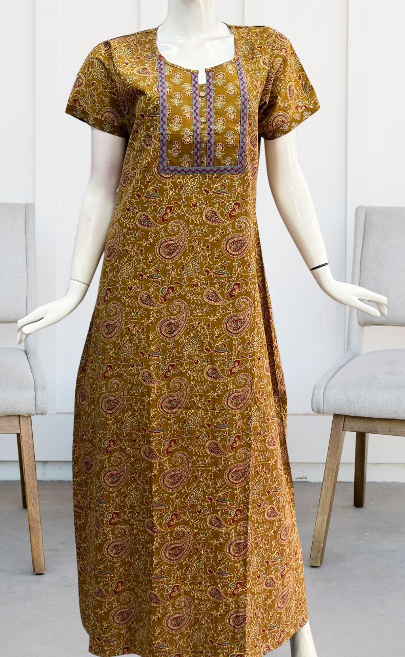 Mustard Kalamkari Pure Cotton Nighty. Pure Durable Cotton | Laces and Frills - Laces and Frills