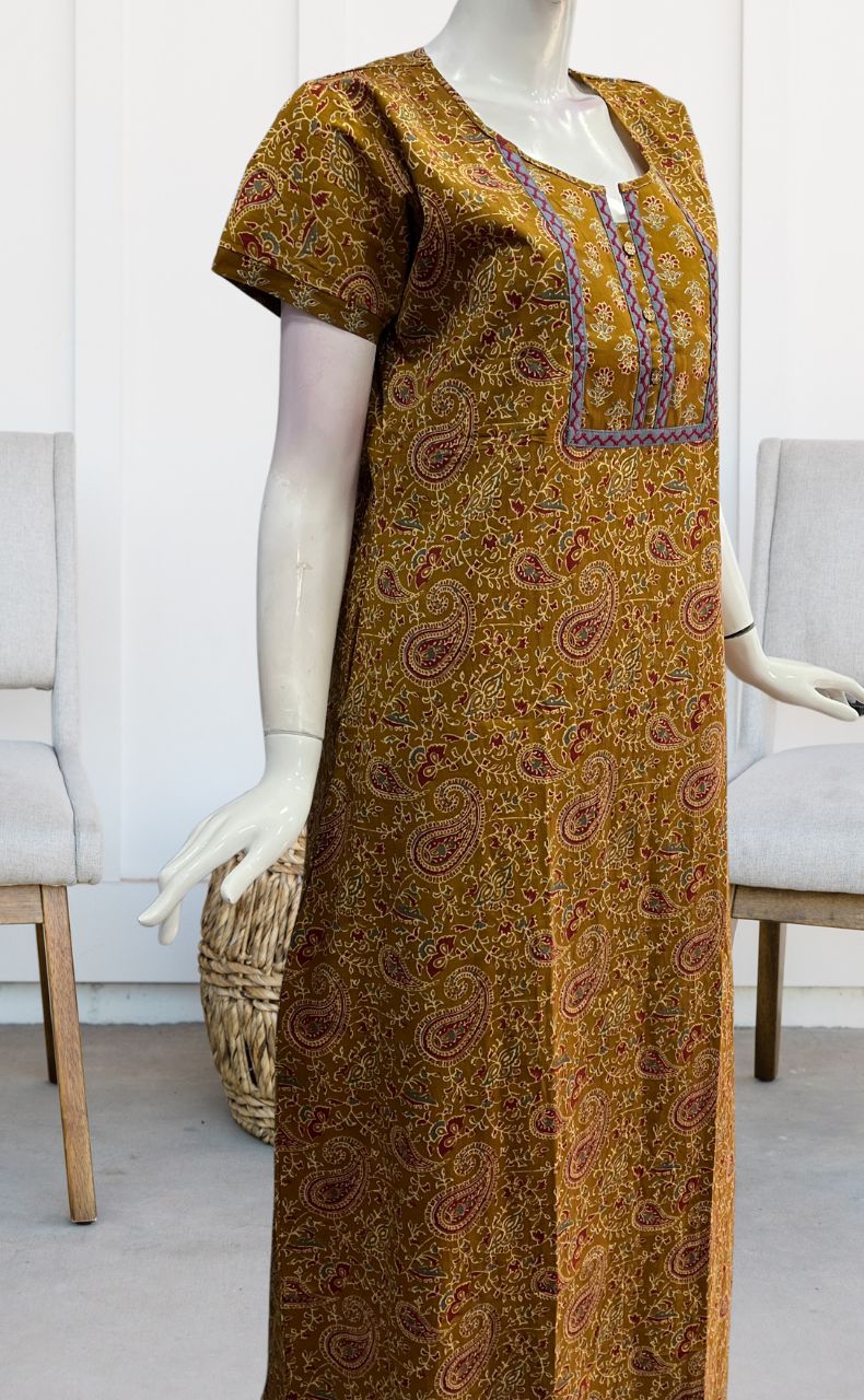 Mustard Kalamkari Pure Cotton Nighty. Pure Durable Cotton | Laces and Frills - Laces and Frills