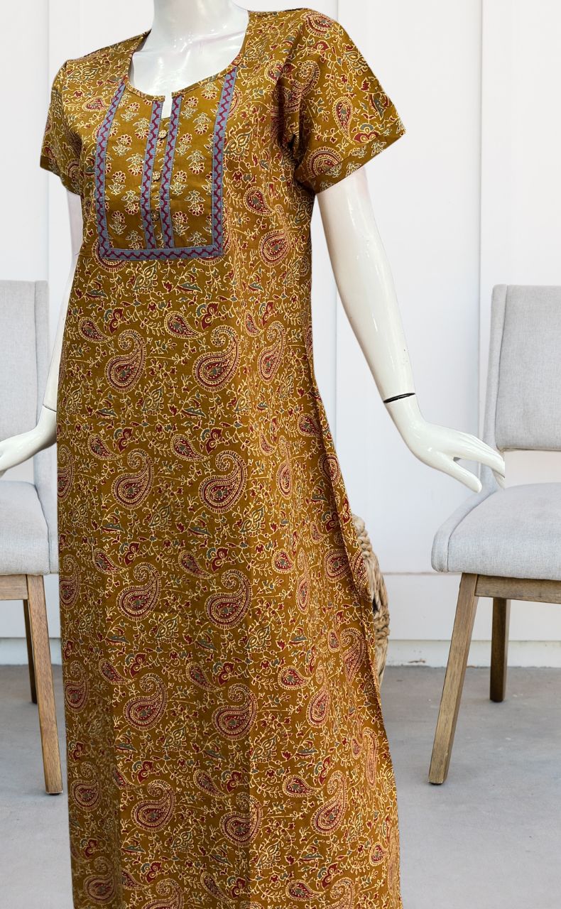Mustard Kalamkari Pure Cotton Nighty. Pure Durable Cotton | Laces and Frills - Laces and Frills