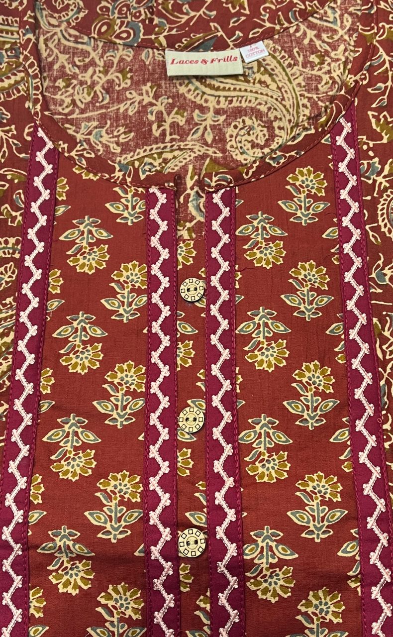 Maroon Kalamkari Pure Cotton Nighty. Pure Durable Cotton | Laces and Frills - Laces and Frills
