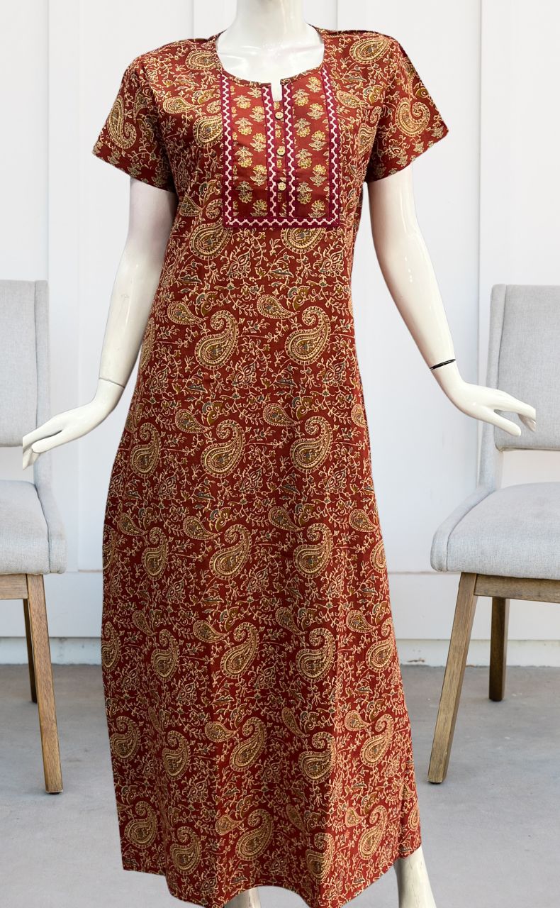 Maroon Kalamkari Pure Cotton Nighty. Pure Durable Cotton | Laces and Frills - Laces and Frills