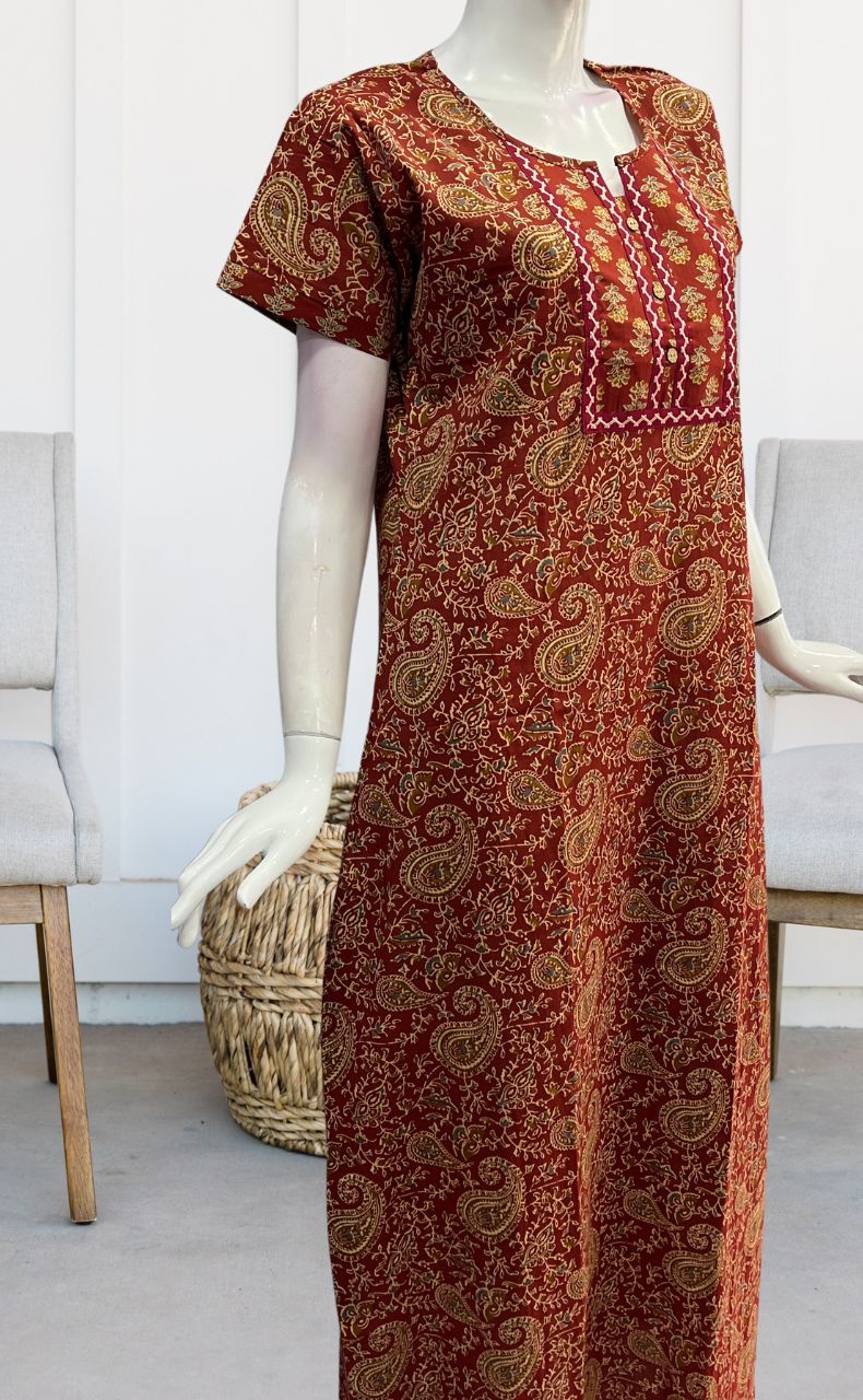 Maroon Kalamkari Pure Cotton Nighty. Pure Durable Cotton | Laces and Frills - Laces and Frills