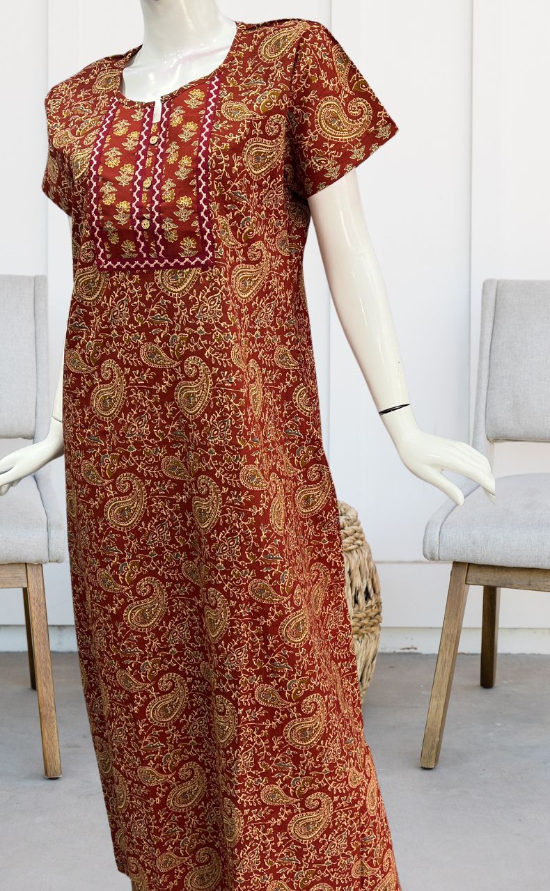 Maroon Kalamkari Pure Cotton Nighty. Pure Durable Cotton | Laces and Frills - Laces and Frills