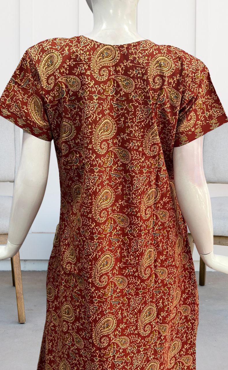 Maroon Kalamkari Pure Cotton Nighty. Pure Durable Cotton | Laces and Frills - Laces and Frills
