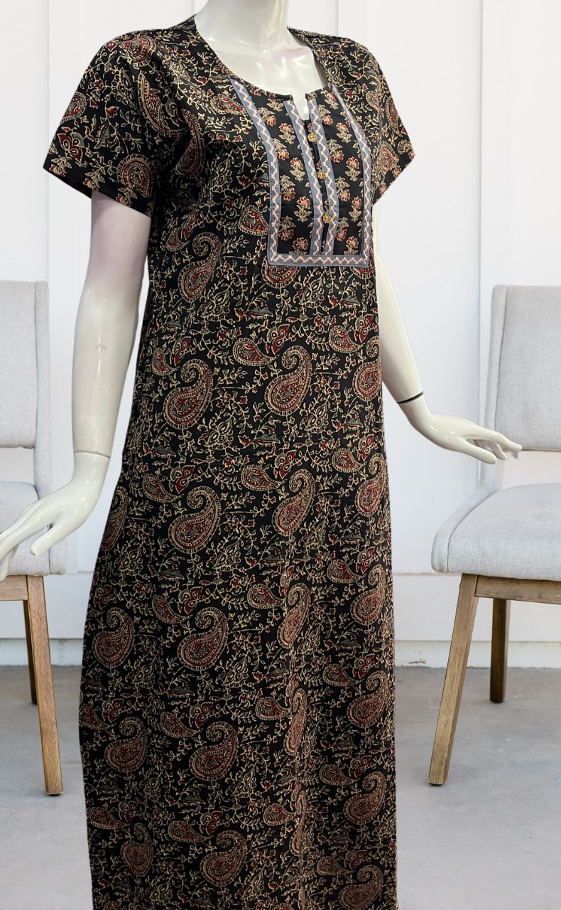 Black Kalamkari Pure Cotton Nighty. Pure Durable Cotton | Laces and Frills - Laces and Frills