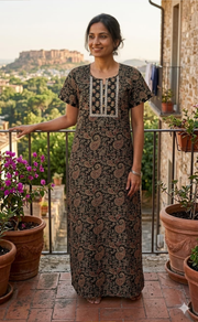 Black Kalamkari Pure Cotton Nighty. Pure Durable Cotton | Laces and Frills - Laces and Frills