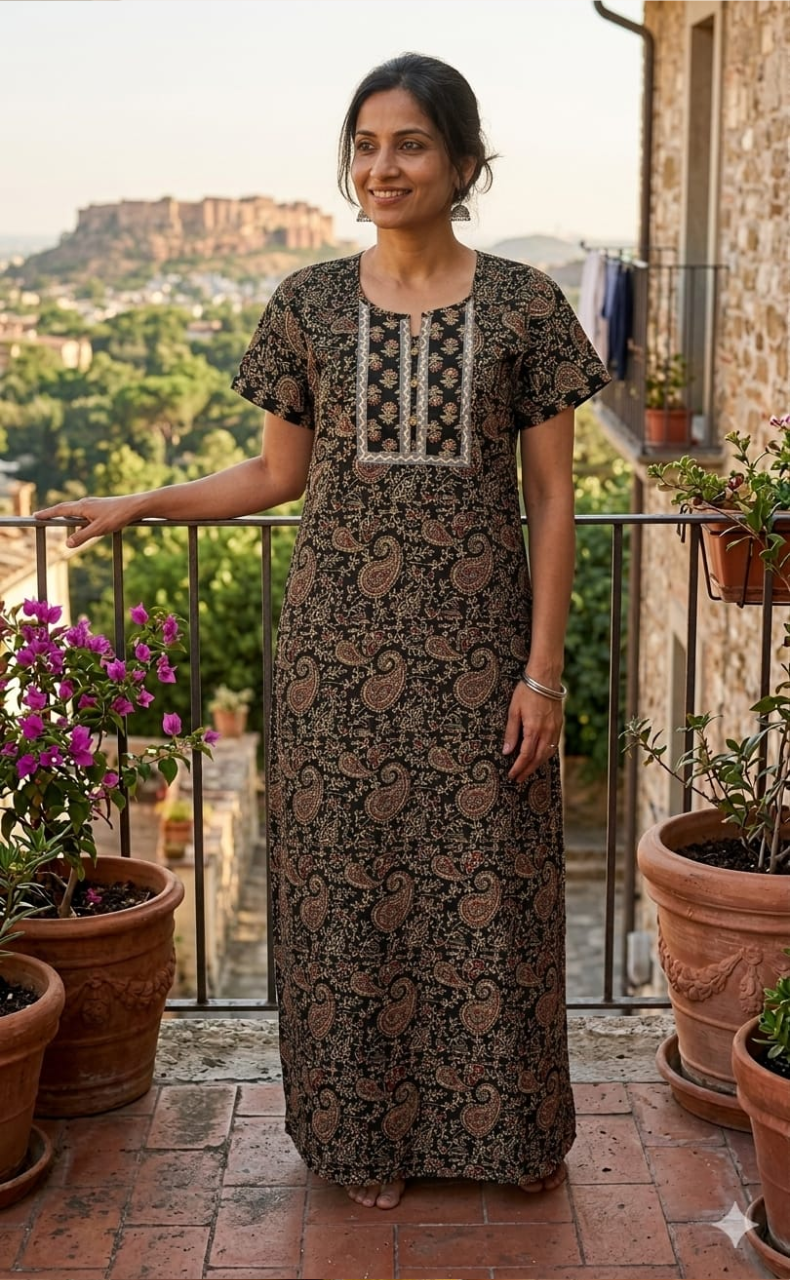 Black Kalamkari Pure Cotton Nighty. Pure Durable Cotton | Laces and Frills - Laces and Frills