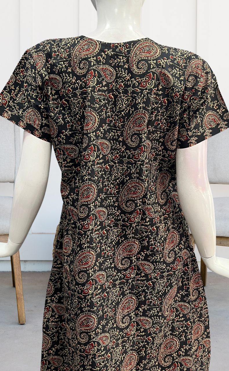 Black Kalamkari Pure Cotton Nighty. Pure Durable Cotton | Laces and Frills - Laces and Frills