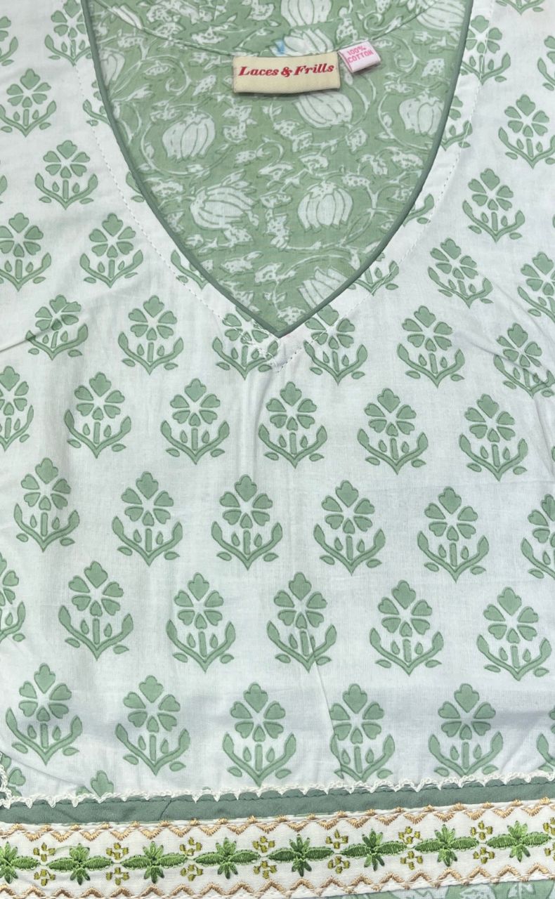 Pista Green/White Garden Pure Cotton Nighty. Pure Durable Cotton | Laces and Frills - Laces and Frills