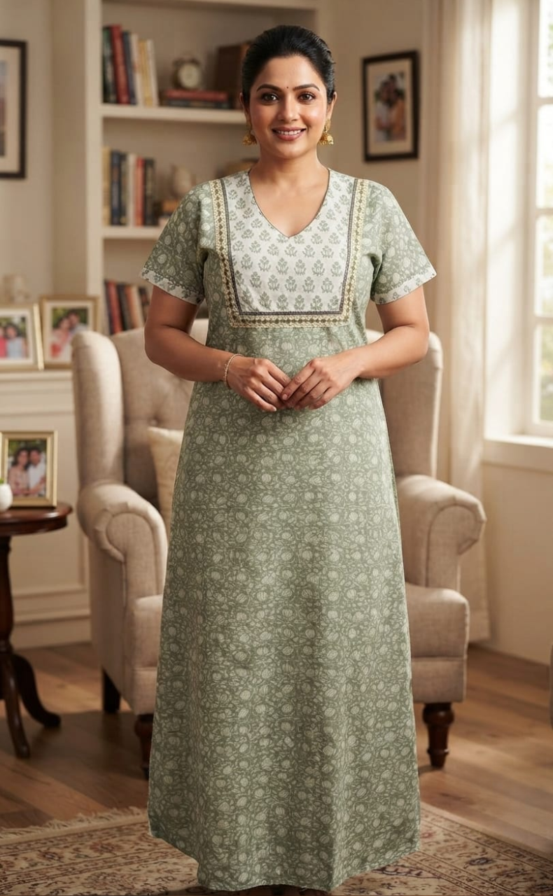 Pista Green/White Garden Pure Cotton Nighty. Pure Durable Cotton | Laces and Frills