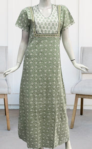 Pista Green/White Garden Pure Cotton Nighty. Pure Durable Cotton | Laces and Frills - Laces and Frills