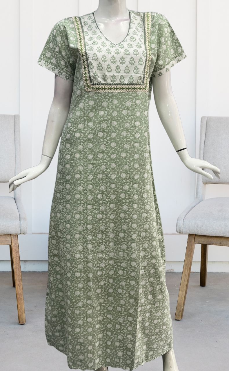 Pista Green/White Garden Pure Cotton Nighty. Pure Durable Cotton | Laces and Frills - Laces and Frills