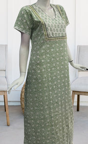Pista Green/White Garden Pure Cotton Nighty. Pure Durable Cotton | Laces and Frills - Laces and Frills