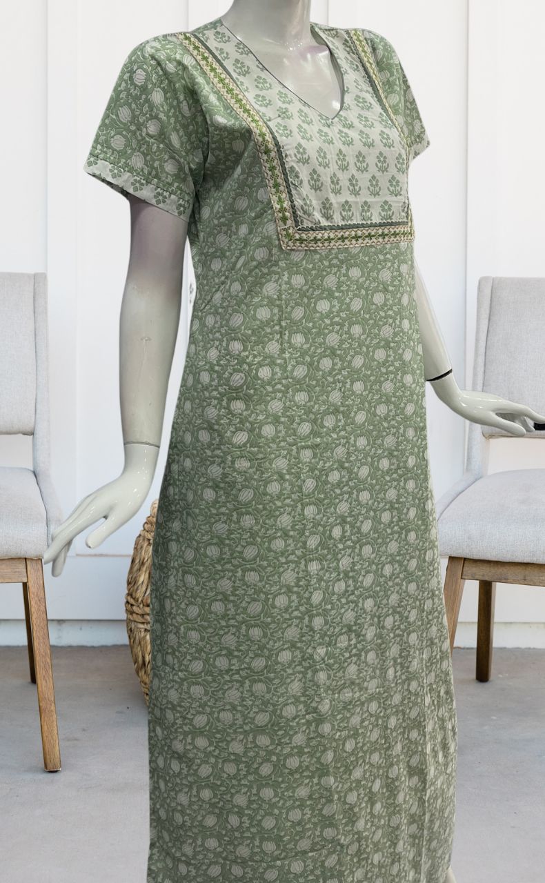 Pista Green/White Garden Pure Cotton Nighty. Pure Durable Cotton | Laces and Frills - Laces and Frills