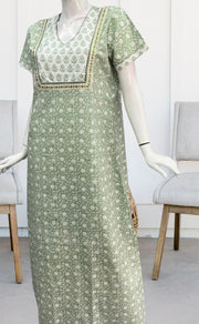 Pista Green/White Garden Pure Cotton Nighty. Pure Durable Cotton | Laces and Frills - Laces and Frills