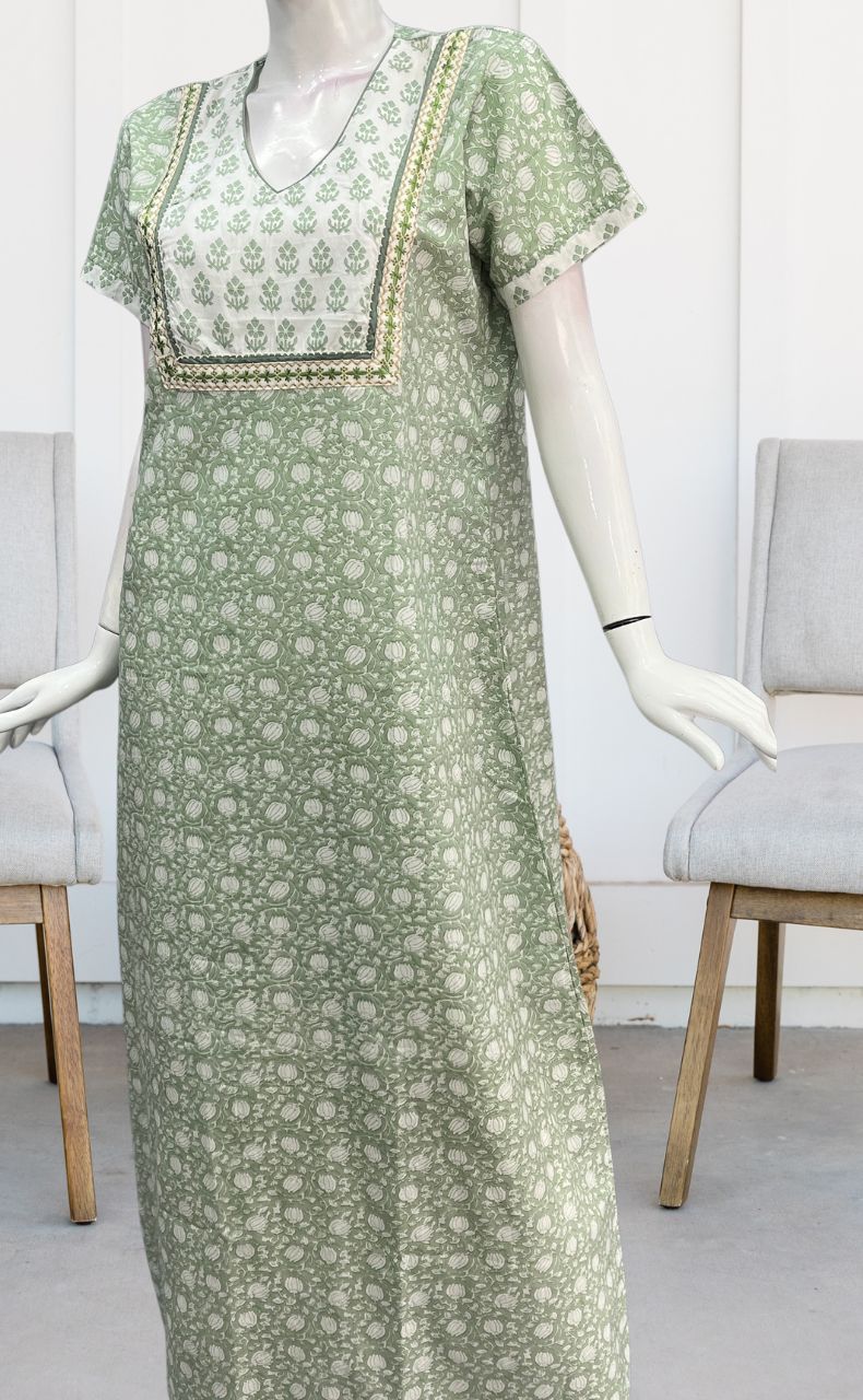 Pista Green/White Garden Pure Cotton Nighty. Pure Durable Cotton | Laces and Frills - Laces and Frills