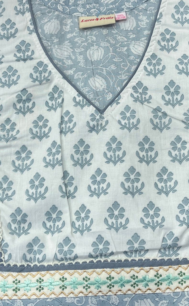 Grey/White Garden Pure Cotton Nighty. Pure Durable Cotton | Laces and Frills - Laces and Frills