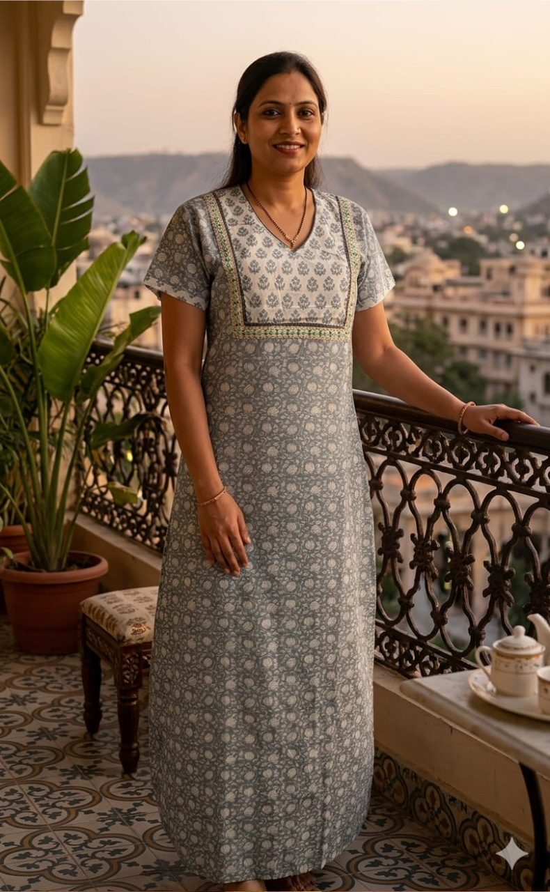 Grey/White Garden Pure Cotton Nighty. Pure Durable Cotton | Laces and Frills - Laces and Frills