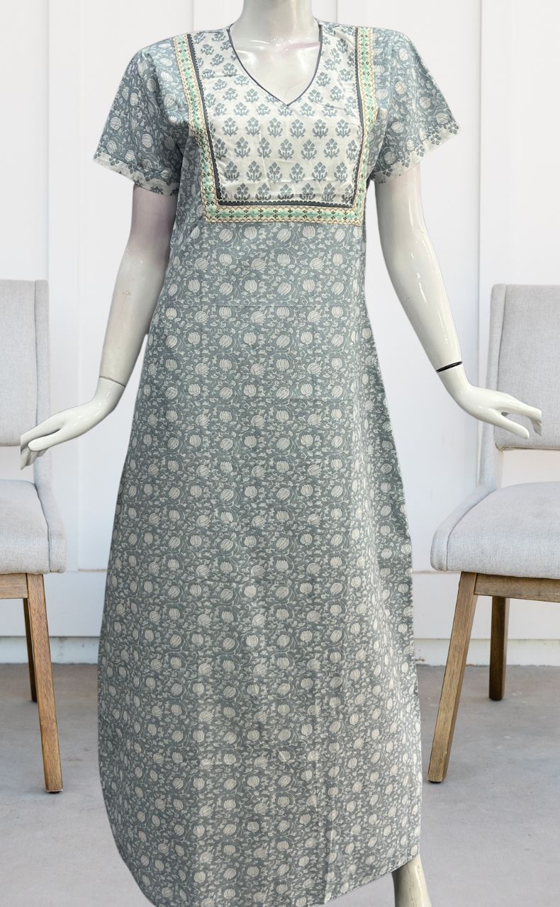 Grey/White Garden Pure Cotton Nighty. Pure Durable Cotton | Laces and Frills - Laces and Frills
