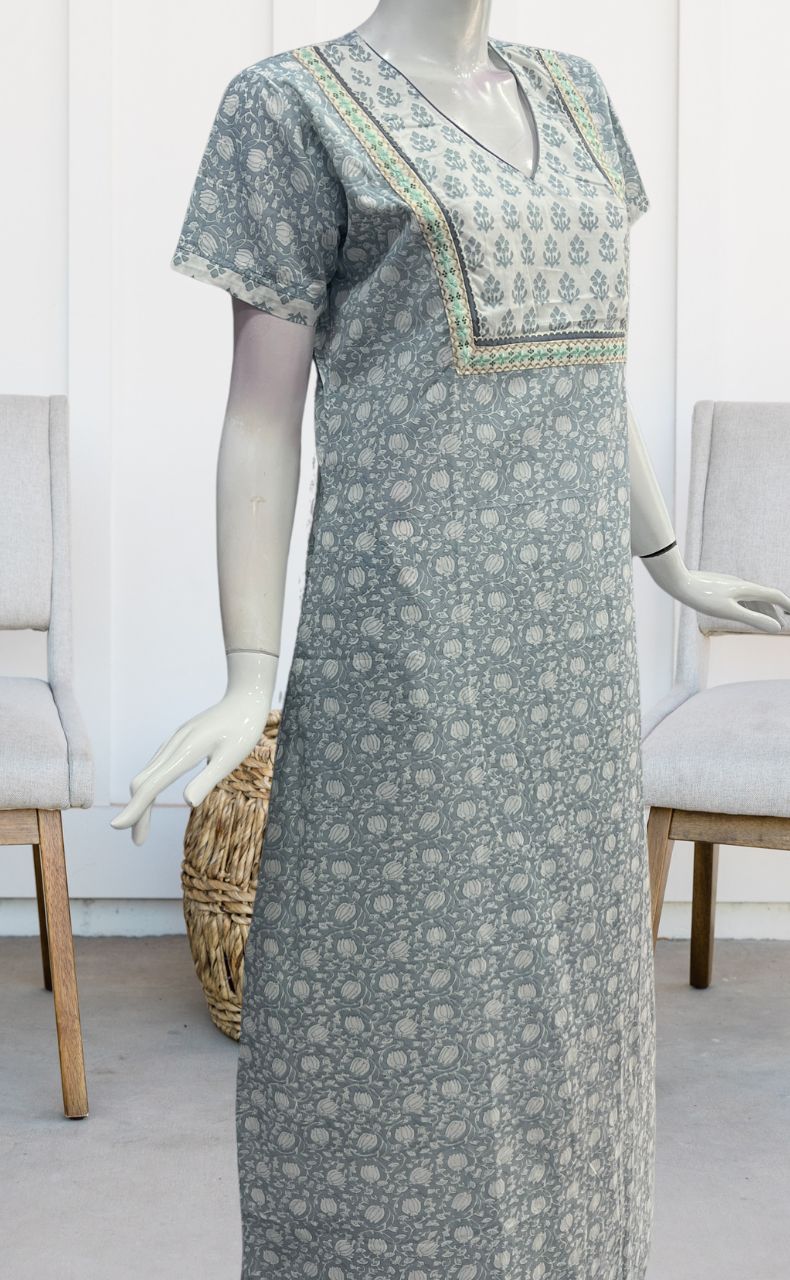 Grey/White Garden Pure Cotton Nighty. Pure Durable Cotton | Laces and Frills - Laces and Frills