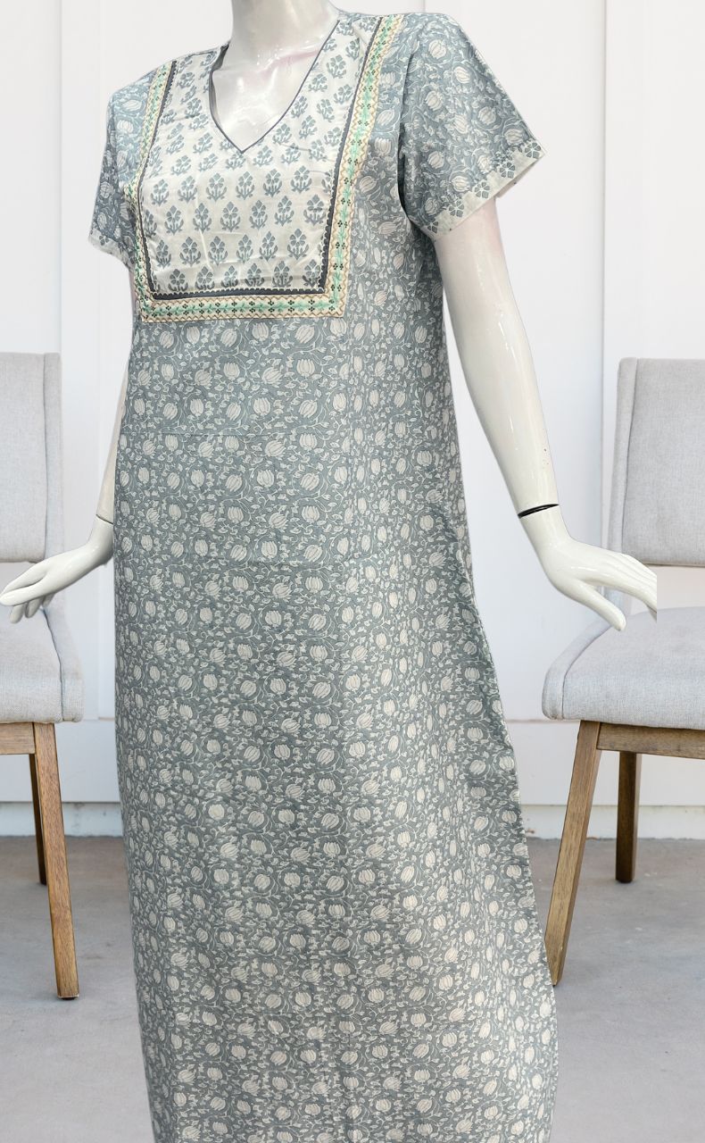Grey/White Garden Pure Cotton Nighty. Pure Durable Cotton | Laces and Frills - Laces and Frills