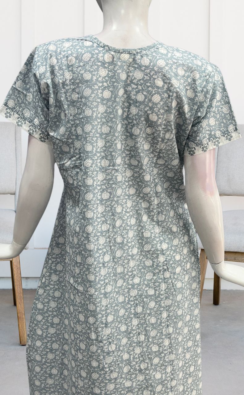 Grey/White Garden Pure Cotton Nighty. Pure Durable Cotton | Laces and Frills - Laces and Frills