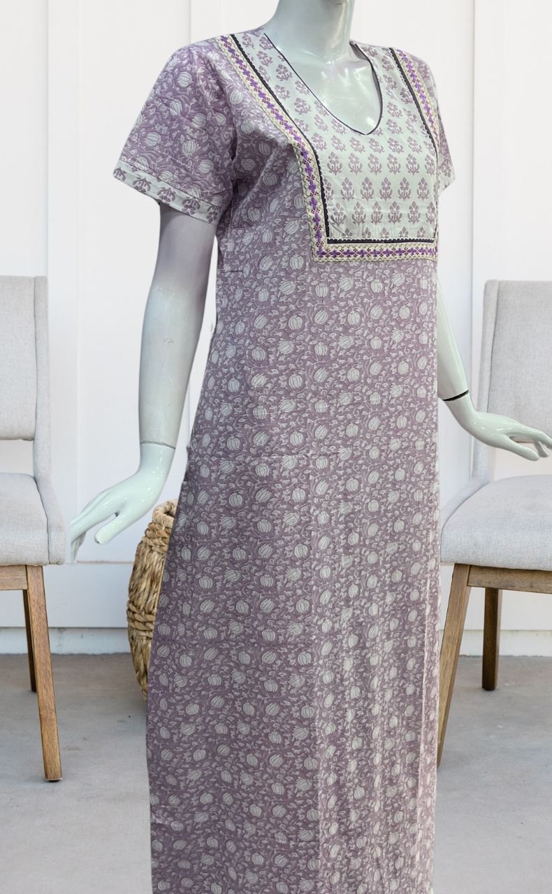 Lavender/White Garden Pure Cotton Nighty. Pure Durable Cotton | Laces and Frills - Laces and Frills
