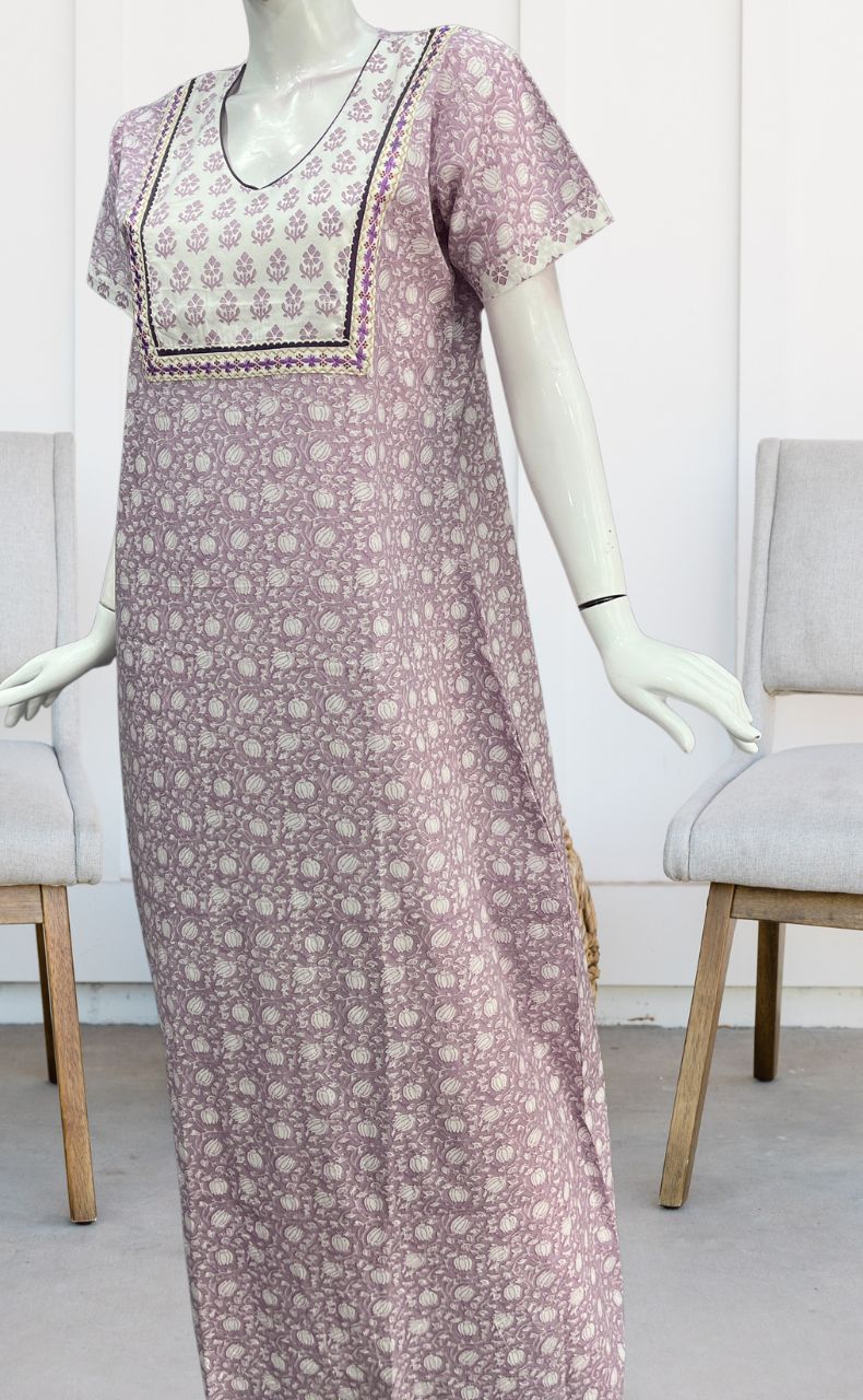Lavender/White Garden Pure Cotton Nighty. Pure Durable Cotton | Laces and Frills - Laces and Frills
