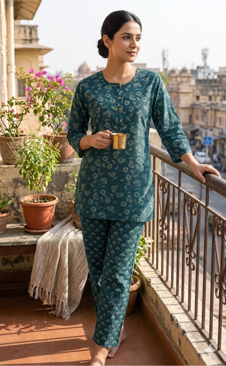 Teal Green Floral Kurti Co-ord Set . Versatile Cotton Fabric. | Laces and Frills - Laces and Frills