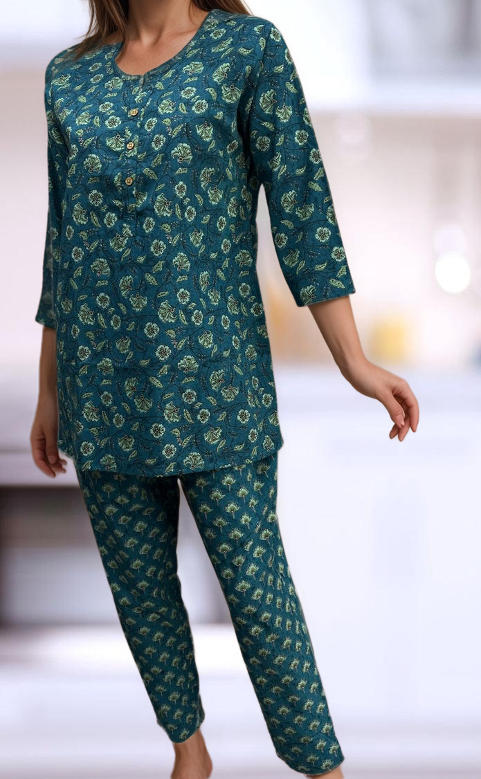 Teal Green Floral Co-ord Set . Versatile Cotton Fabric. | Laces and Frills - Laces and Frills