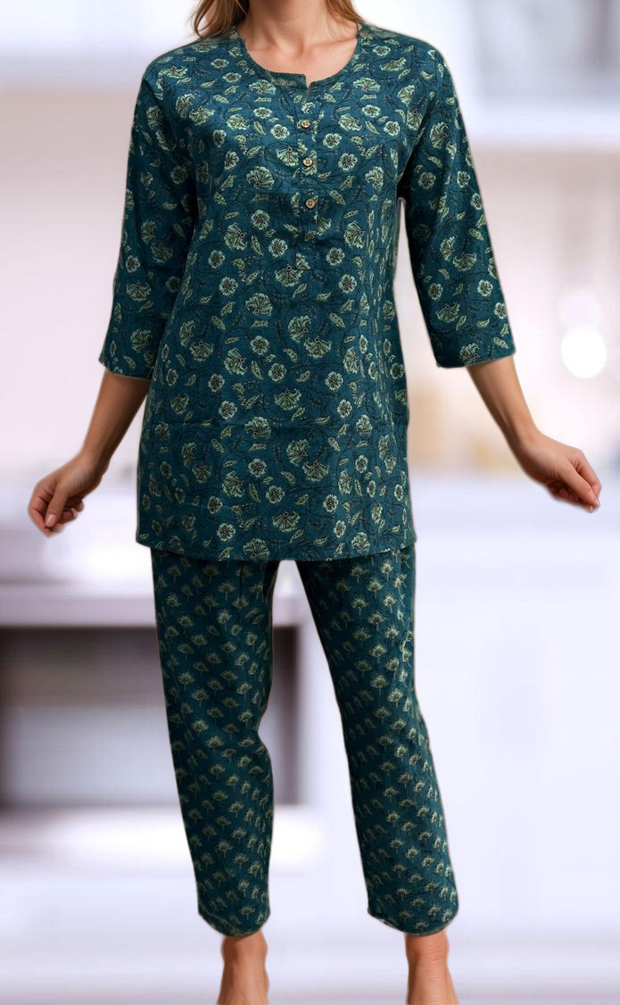 Teal Green Floral Co-ord Set . Versatile Cotton Fabric. | Laces and Frills - Laces and Frills