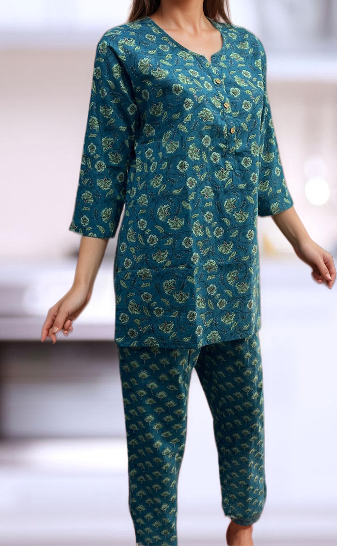 Teal Green Floral Co-ord Set . Versatile Cotton Fabric. | Laces and Frills - Laces and Frills