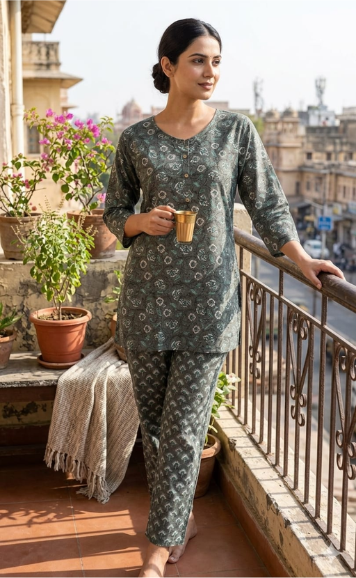 Grey Floral Kurti Co-ord Set . Versatile Cotton Fabric. | Laces and Frills - Laces and Frills